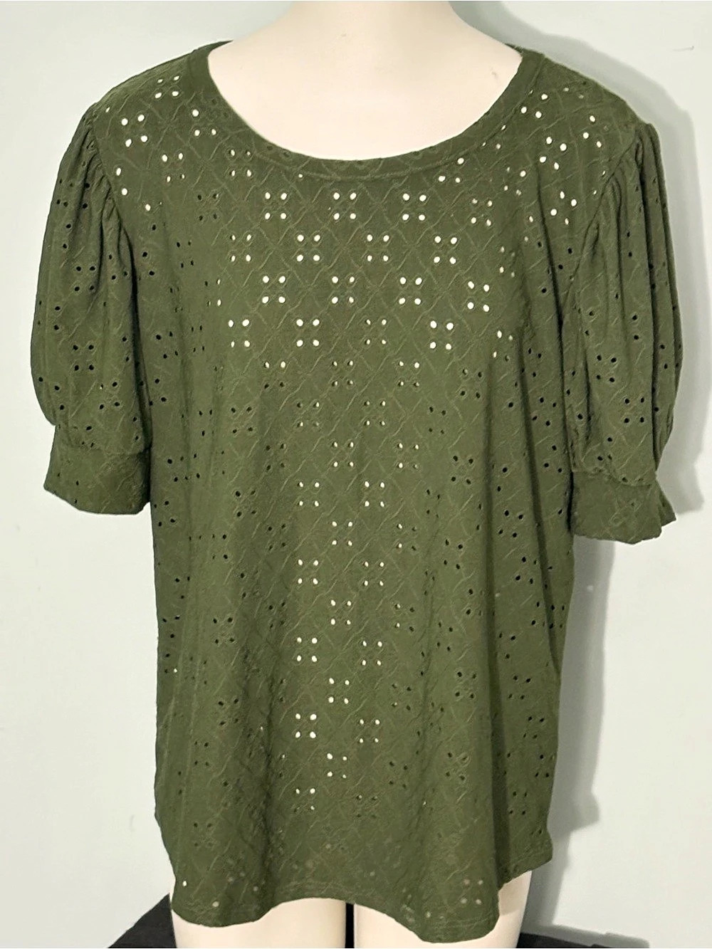 Kim & Camri Eyelet Short Sleeve Blouse in Green Size XL